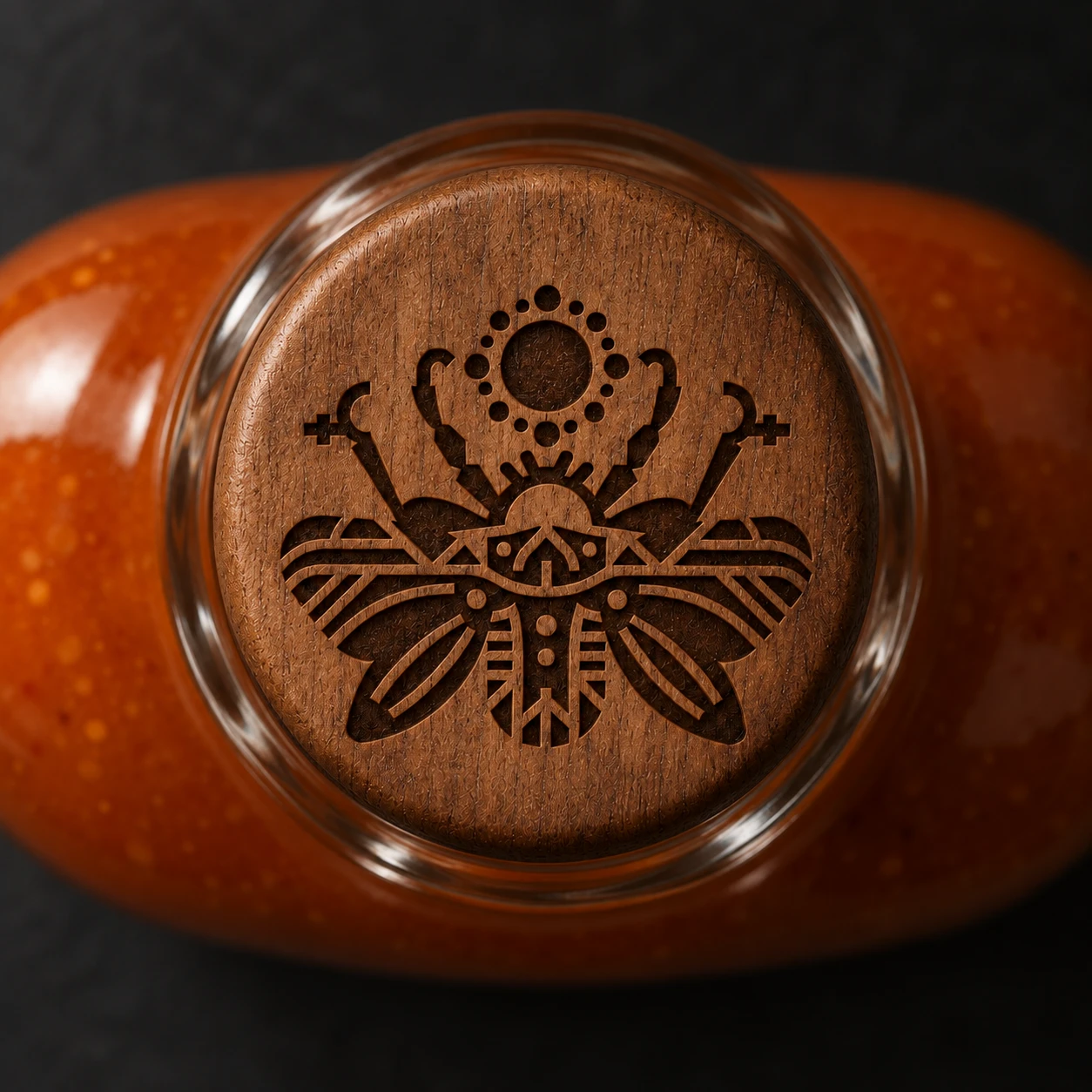 Walnut bottle cap laser-engraved with the Insect Cult beetle sigil